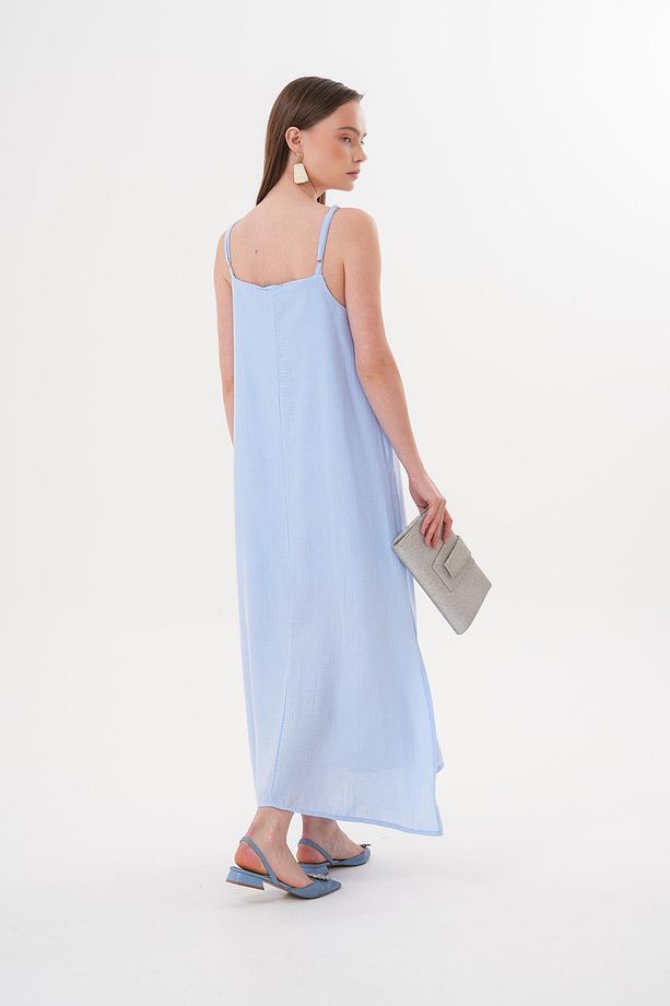 Askı Ayarlı Oversize Müslin Elbise MAVİ - 4