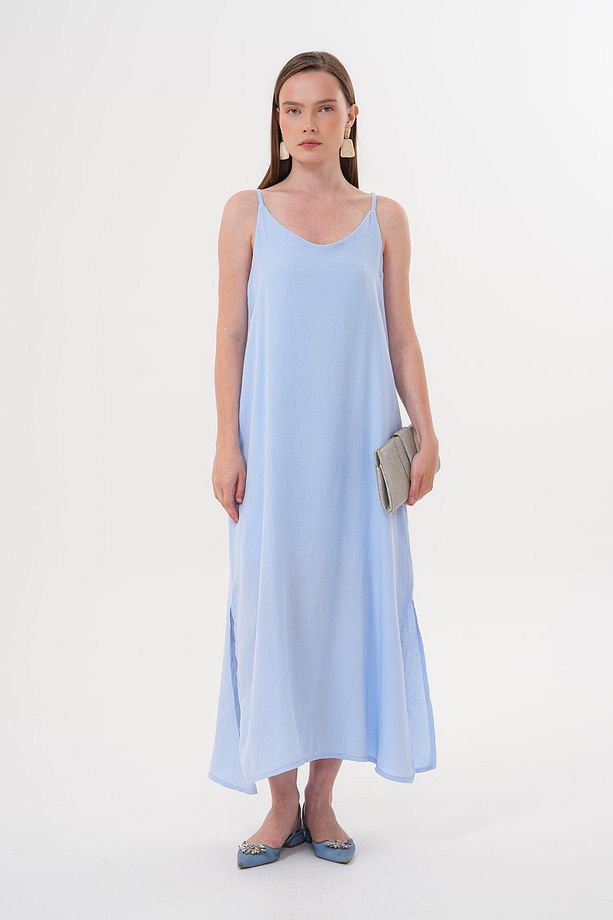 Askı Ayarlı Oversize Müslin Elbise MAVİ - 1