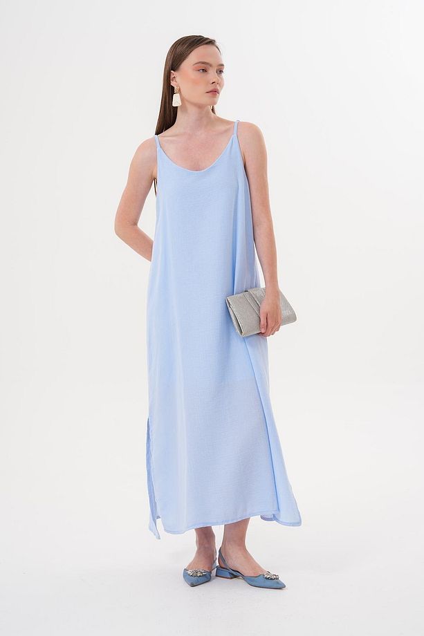 Askı Ayarlı Oversize Müslin Elbise MAVİ - 3