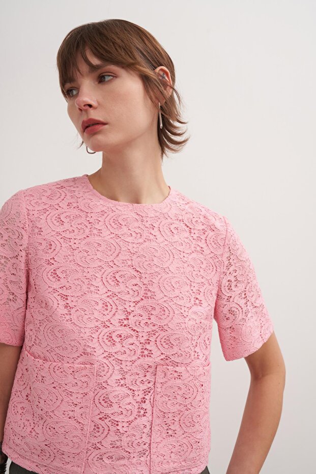 Kutu Form Dantel Bluz Pembe - 3