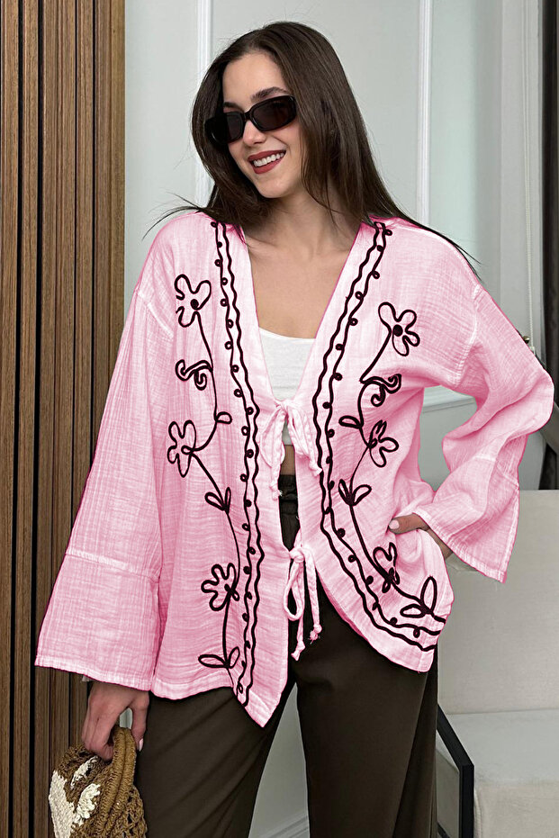 Muslin Embroidered Tie Kimono Shirt