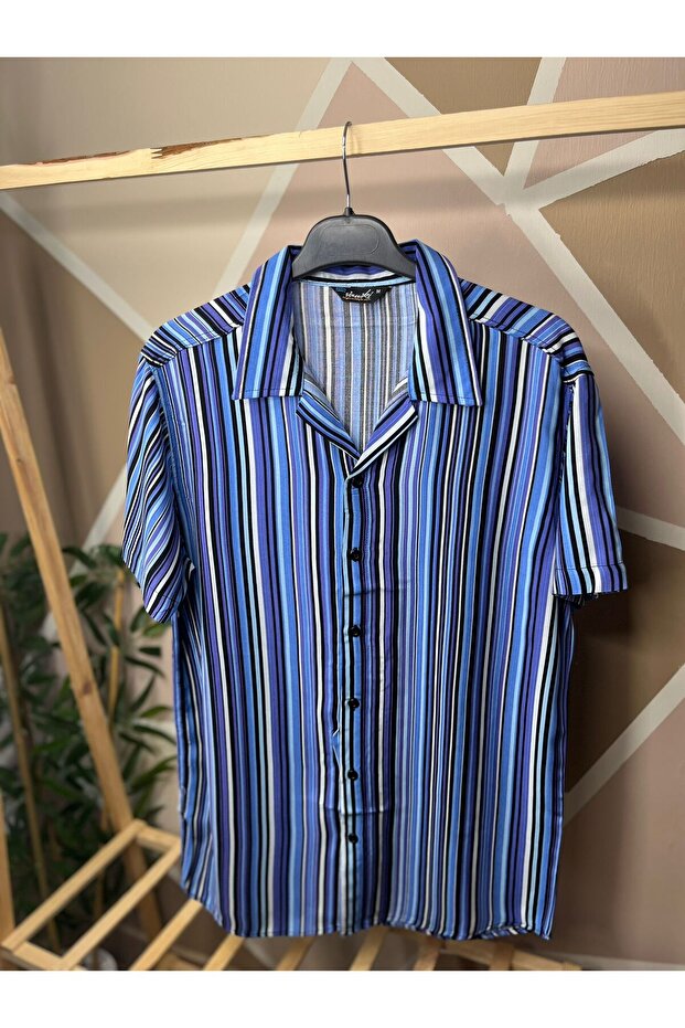 Blue - Black Color Patterned Viscose Men's Shirt