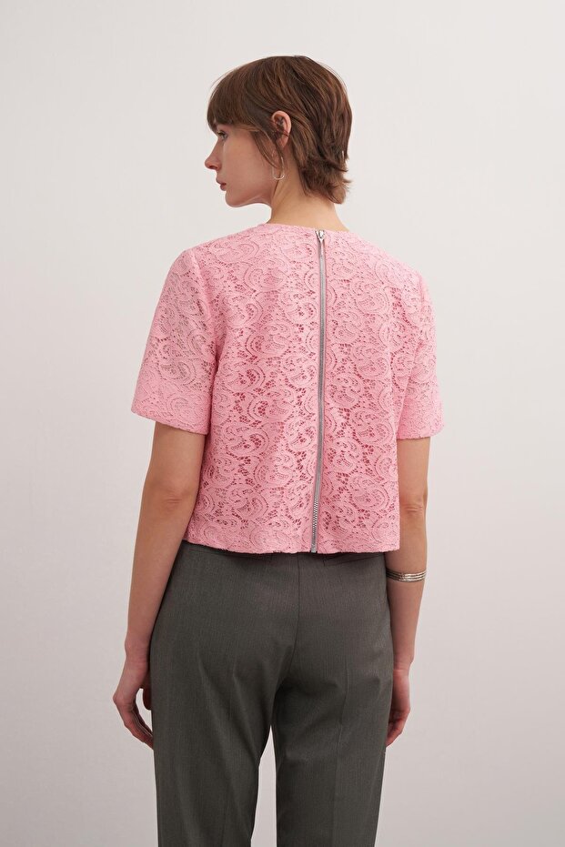 Kutu Form Dantel Bluz Pembe - 5