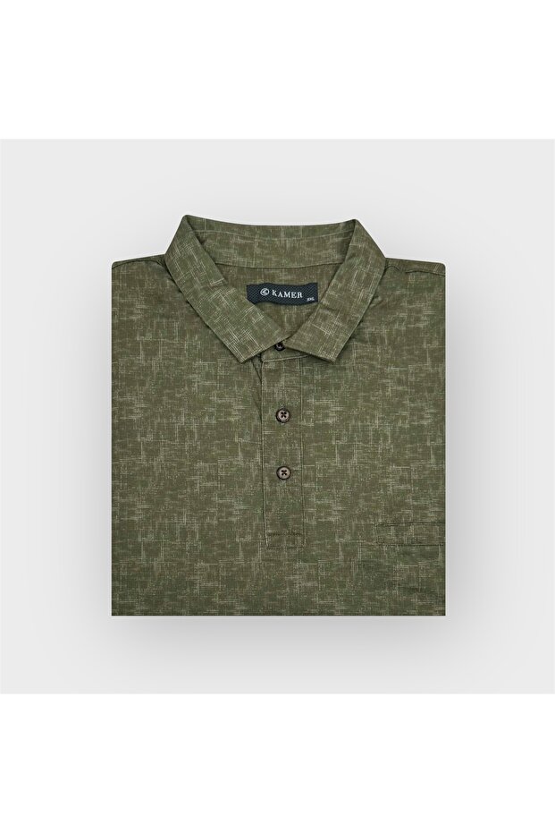 Plus Size Shirt Collar Short Sleeve Patterned Pocket Green T-Shirt 5049Y
