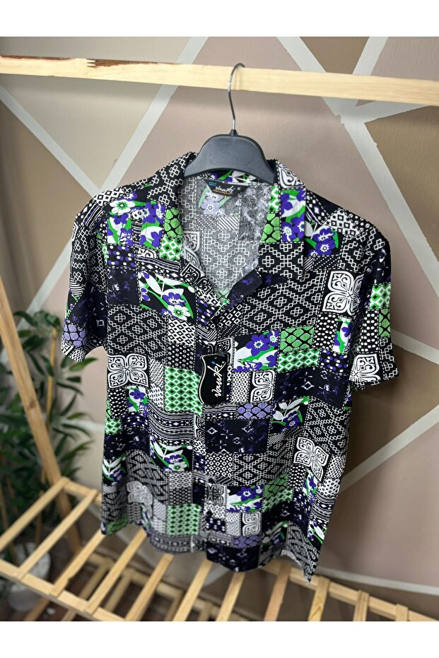 Black - Green Color Patterned Viscose Men's Shirt