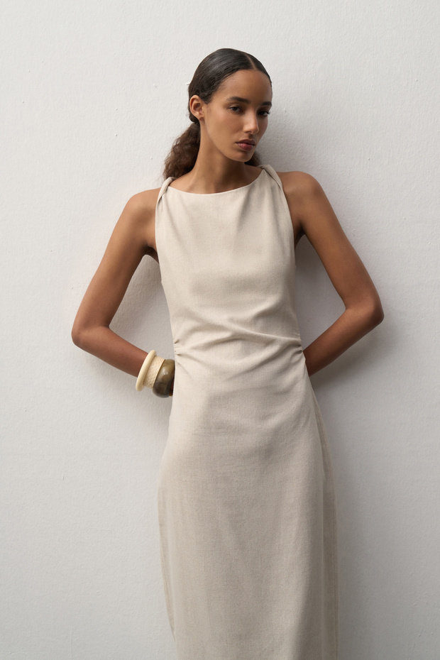 Kadın Ham Keten Midi Elbise - 6