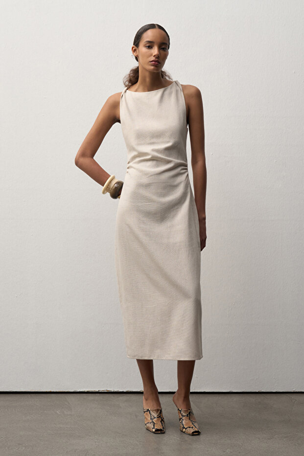 Kadın Ham Keten Midi Elbise - 3