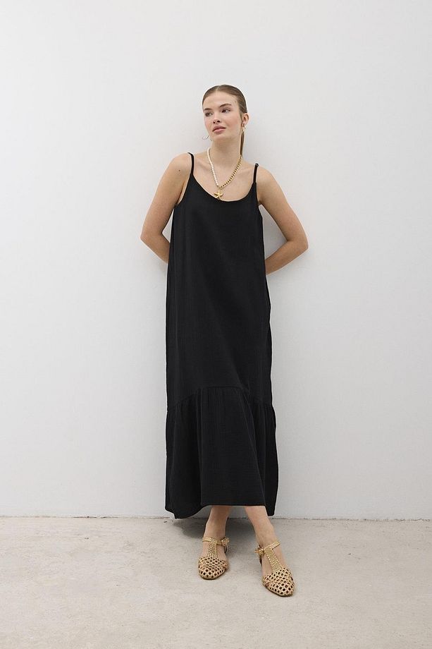 Askı Ayarlı Oversize Müslin Elbise LACİVERT - 2