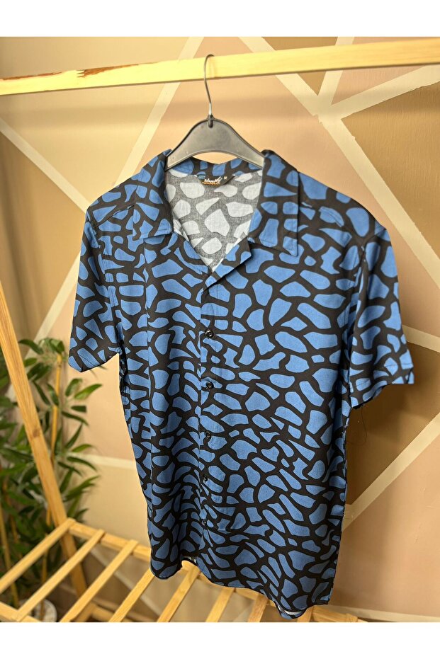 Black - Blue Color Patterned Viscose Men's Shirt