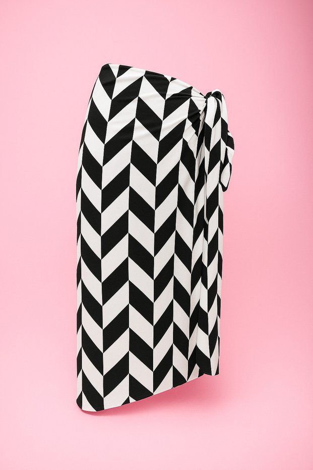 Black and White Zigzag Patterned Long Pareo Satin Does Not Show Underwear Women's Beach Dress New Season