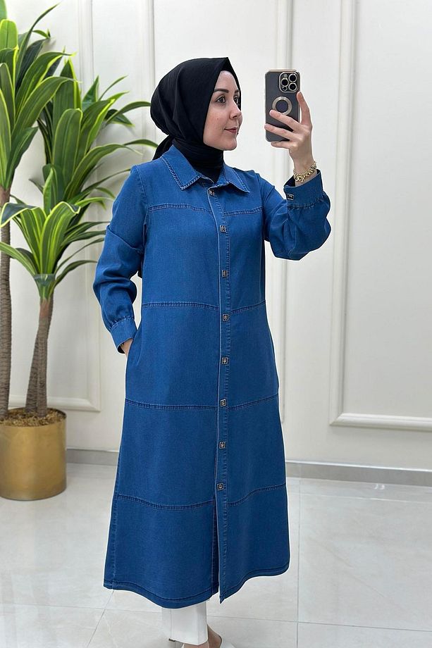 Kot Önü Çıtçıtlı Kadın Giyçık Tunik Mavi BRL 7028 - 4