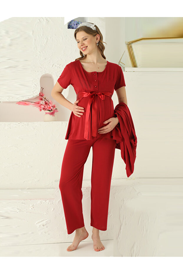 Maternity Round Neck Openable Button Sleeves Lace Detail Satin Belted 3-Piece Pajama Set