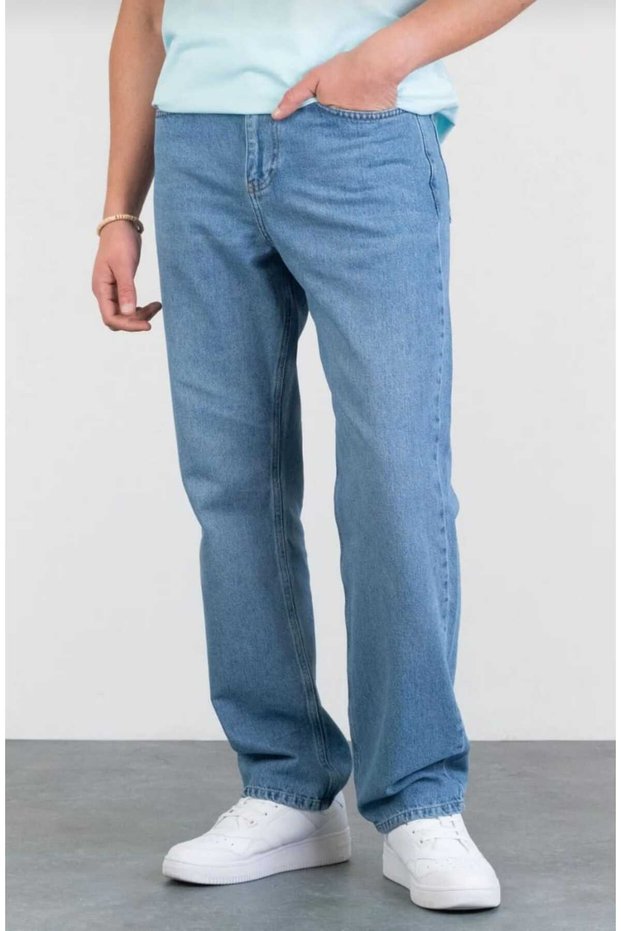 Men's Acid Wash Ice Blue Wide Leg Jeans Baggy Pants