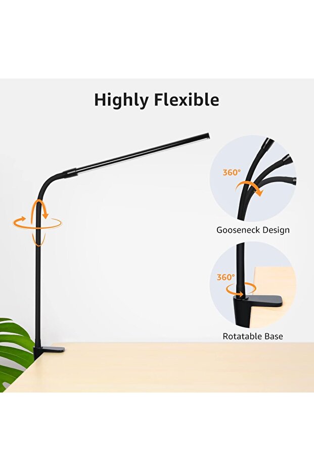 Clip-on LED Reading Table Lamp, 3 Color Modes, 10 Brightness Levels, Dimmable, USB, 3000-6500K - 5