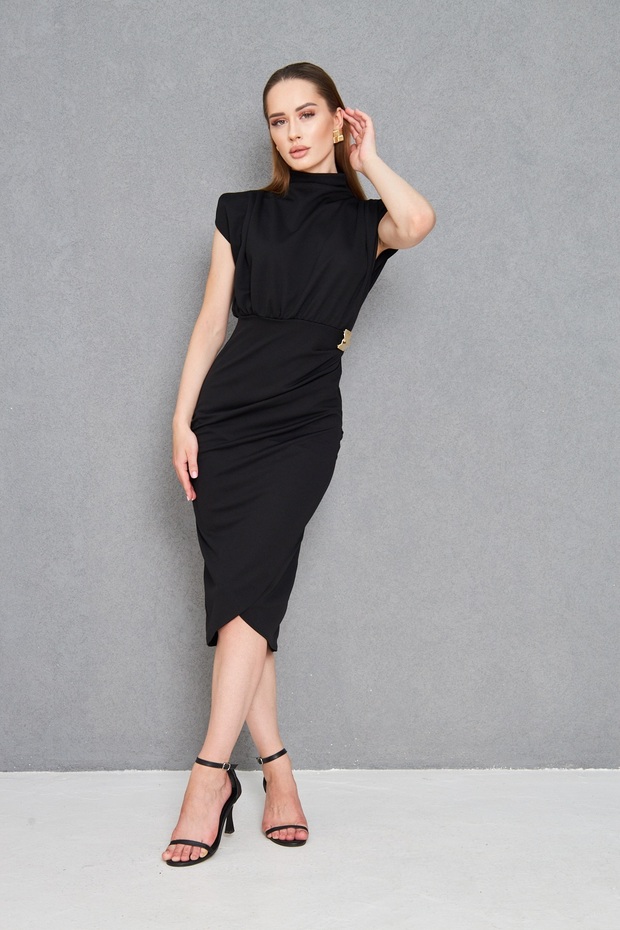 Women's Crepe Fabric Draped Black Midi Evening Dress with Stand Collar Accessory Design 4409