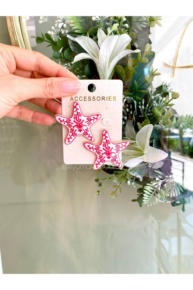 Tile Patterned Red Starfish Earrings