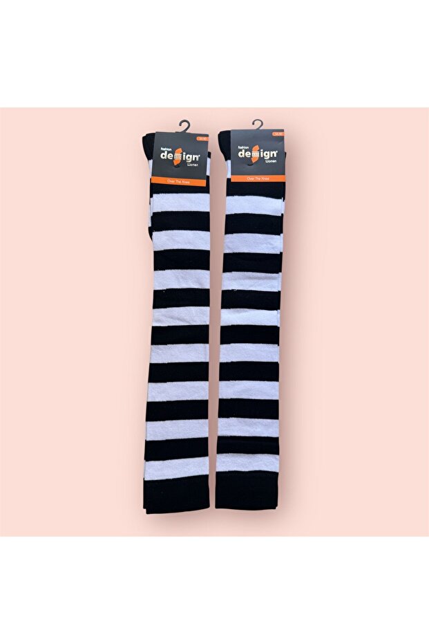 Women's Black White Striped Cotton Over-The-Knee Socks 2-Piece