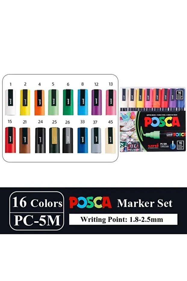 مجموعة أقلام تحديد UNI POSCA اليابانية PC-5M، 16 قطعة، رسم جرافيتي أكريليك دائم مقاوم للماء للأطفال