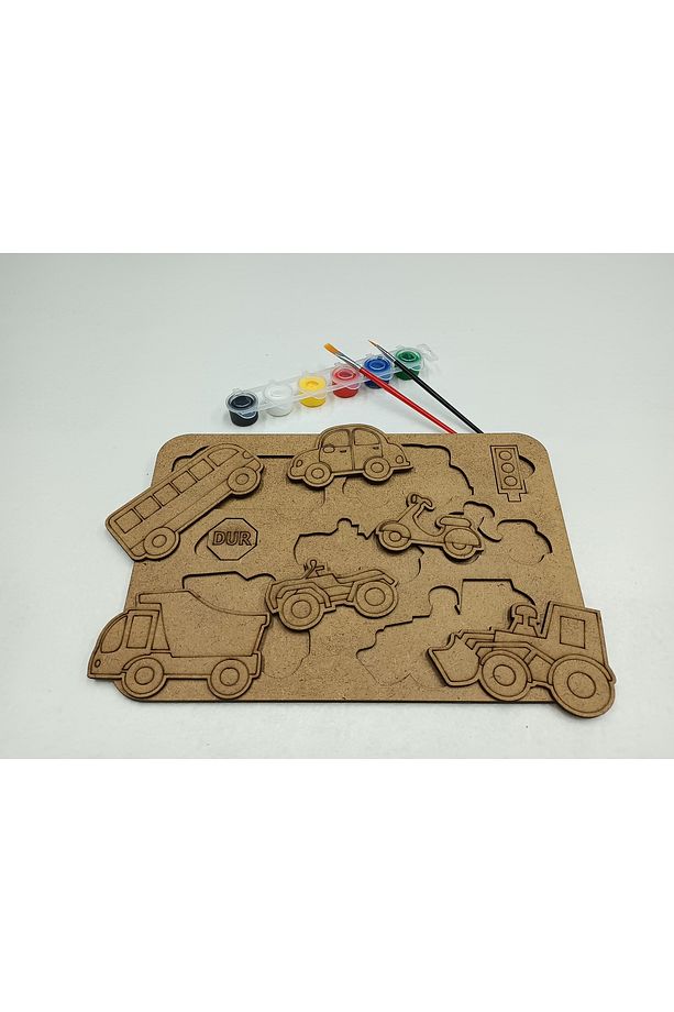 Arabalar Boyamalı Ahşap Puzzle (Yap Boz) + boya seti ve fırçalar - 6