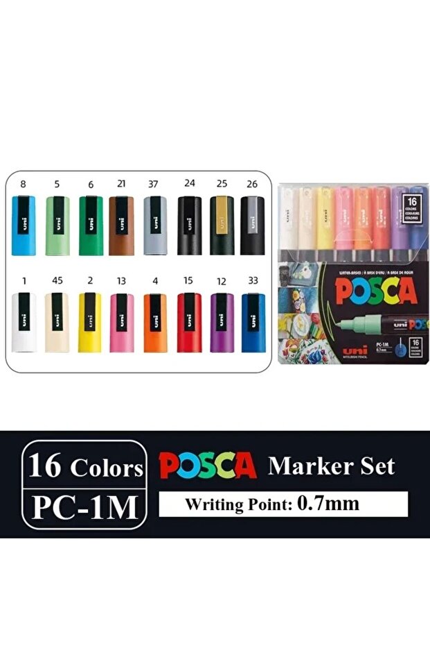 مجموعة أقلام تحديد UNI POSCA اليابانية PC-1M، 16 قطعة، رسم جرافيتي أكريليك دائم مقاوم للماء للأطفال
