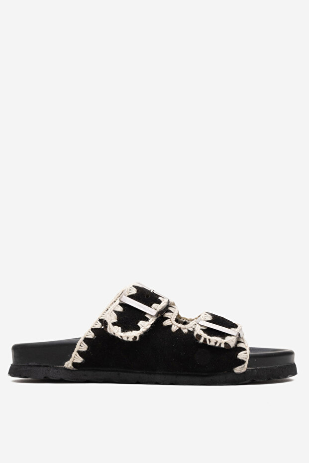 Dericlub Women's Drawstring Double Strap Casual Slippers Real Suede Leather Zy 7900 Black