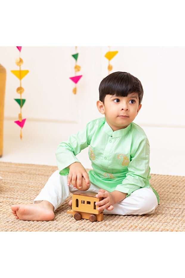 Organic Cotton Paisley Embroidered Green Kurta paired with Pajama Pants