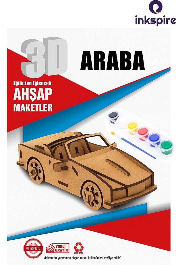3D Ahşap Maket 3 Boyutlu Boyanabilir Geçmeli Puzzle Maket 6Lı Akrilik Boya Fırça Kendin Yap Boya Set - 1