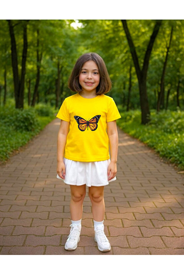 Girls' Crew Neck Front and Back Butterfly Printed T-Shirt