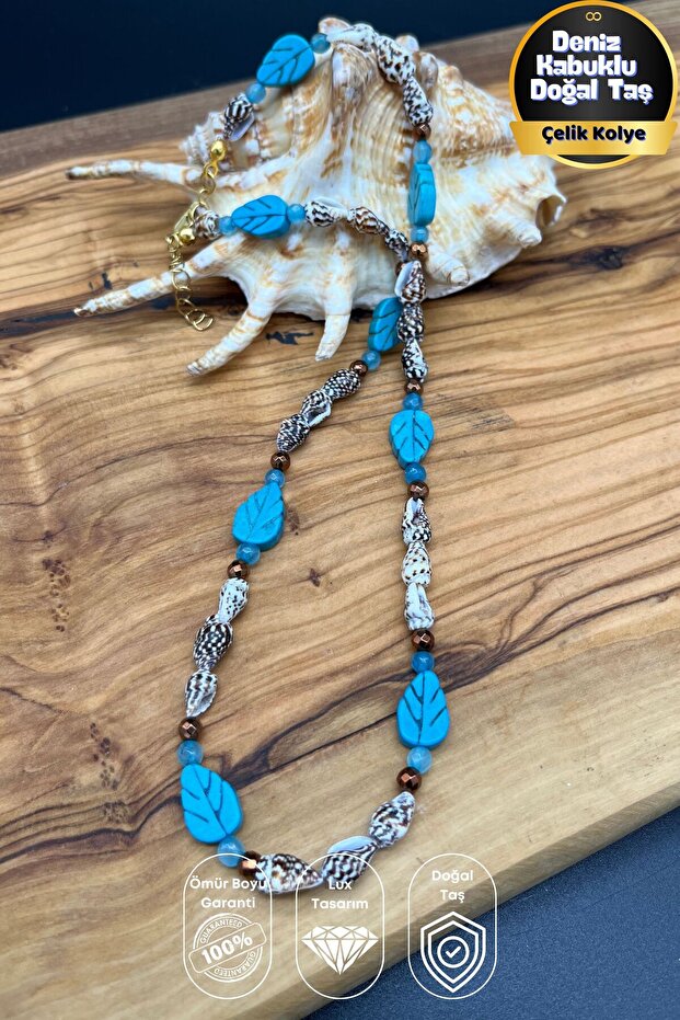 Ocean Breath – Seashell Leaf Figured & Natural Stone Steel Necklace