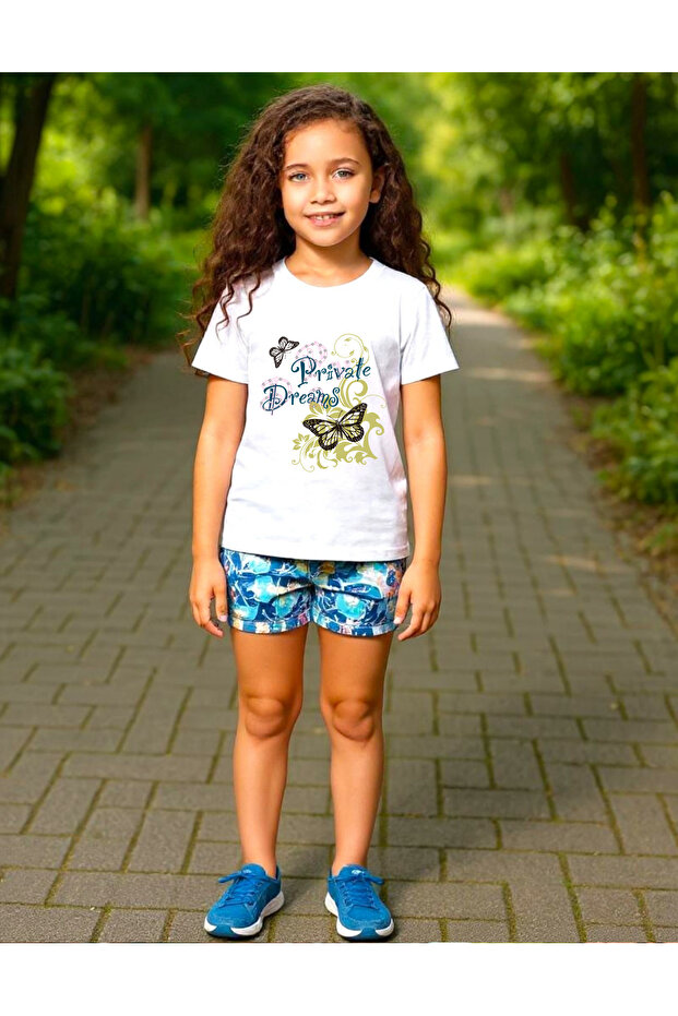 Girls' Crew Neck Front and Back Butterfly Printed T-Shirt