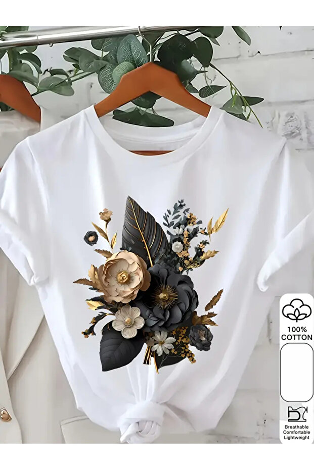 Flowers Printed Circle Neck Cotton Short Sleeve Women's and Children's Tshirt
