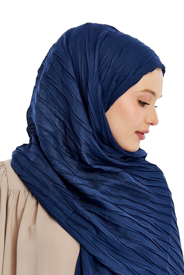 Pliseli Bambu Şal - Lacivert - 5