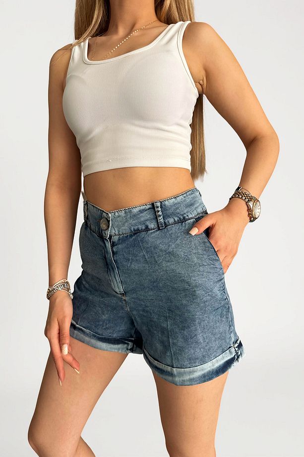 Kadın Yüksek Bel Yazlık Kısa Denim Şort Cepli Rahat Kalıp Kot Şort - 4