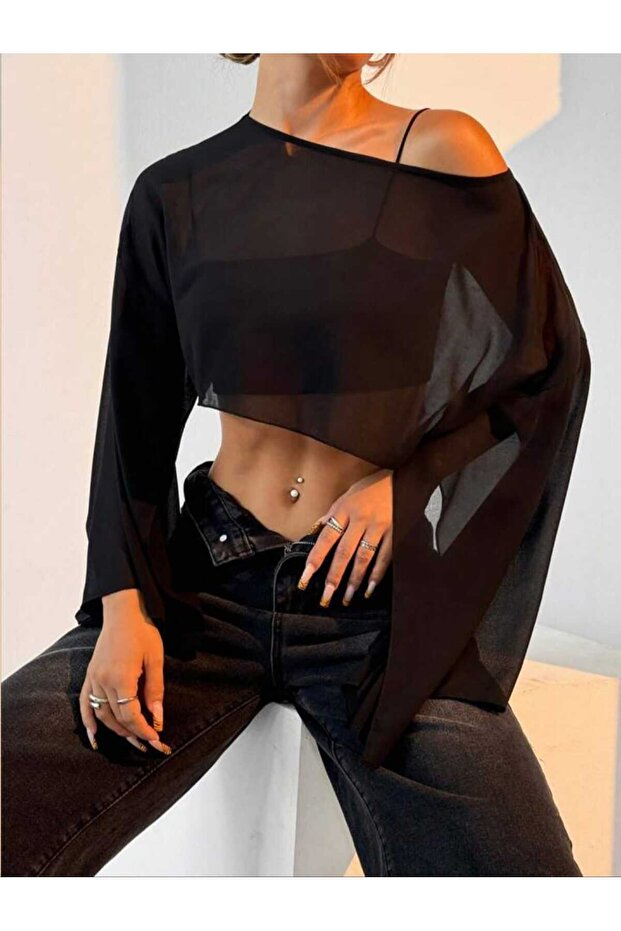 Women's Bat Sleeve Wide Cut Oversize Stylish Tulle Bluz