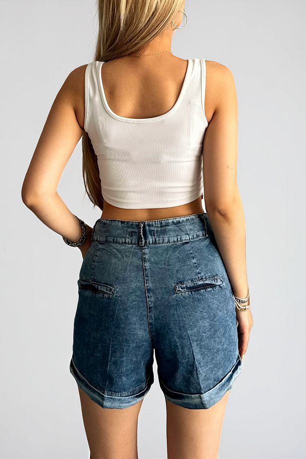 Kadın Yüksek Bel Yazlık Kısa Denim Şort Cepli Rahat Kalıp Kot Şort - 2