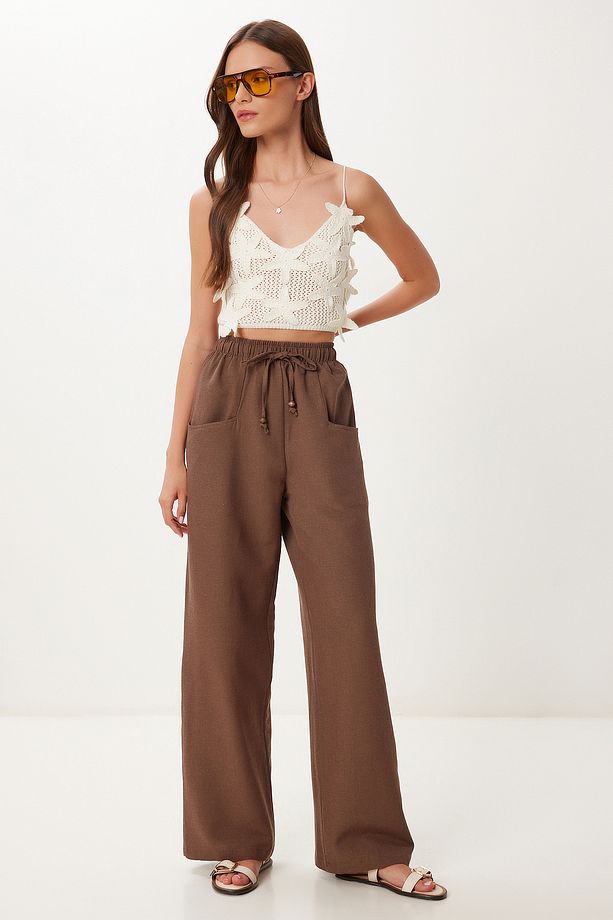 Cepli Geniş Paça Keten Pantolon KAHVERENGİ LBV0062 - 2