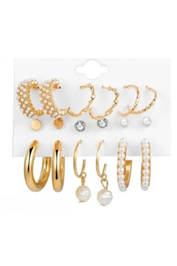 Elegant Gold Colour Tone Alloy, Crystal & Pearl Earrings Set 9 Pairs