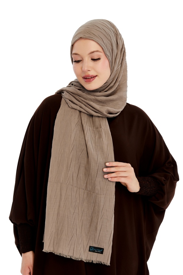 Pliseli Bambu Şal - Koyu Bej - 5