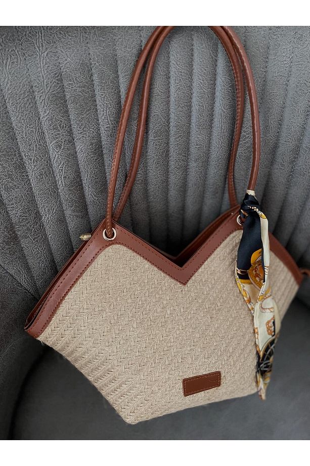 LİMONBAGG HASIR MODEL FULARLI FERMUARLI OMU KOL VE EL ÇANTASI - 2