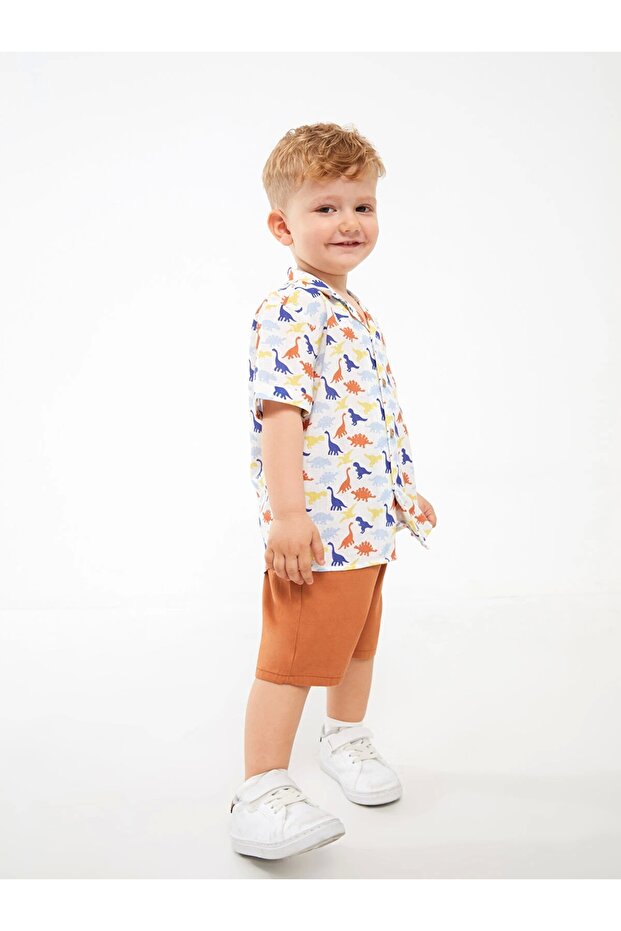 Lcw Baby White Patterned Short Sleeve Baby Boy Shirt and Shorts 2-Piece Set