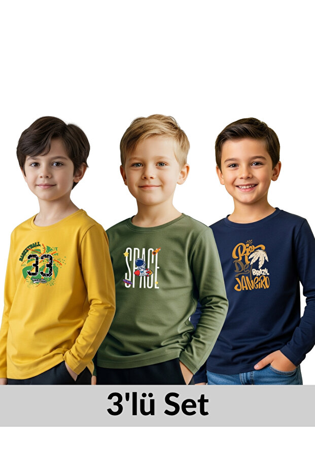 FYK KİDS ERKEK ÇOCUK BİSİKLET YAKA BASKI DETAYLI 3'LÜ BASİC SWEATSHİRT