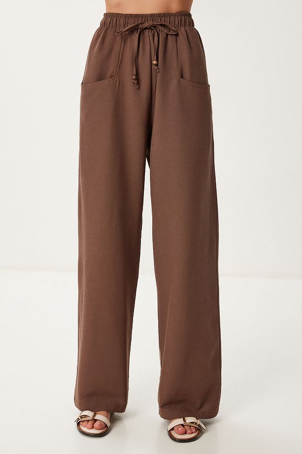 Cepli Geniş Paça Keten Pantolon KAHVERENGİ LBV0062 - 3