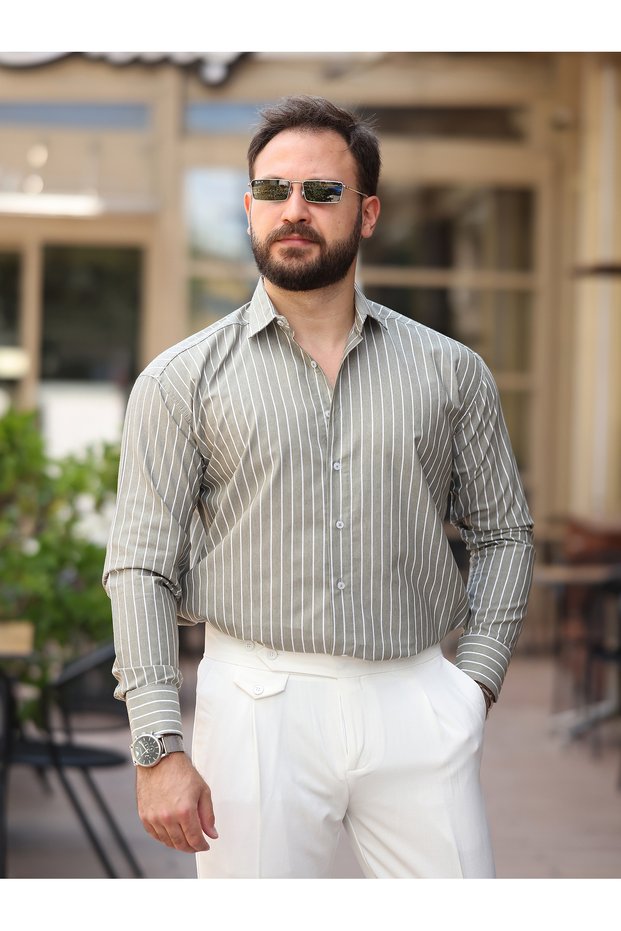 Old Money Shirt with Striped Stand Collar