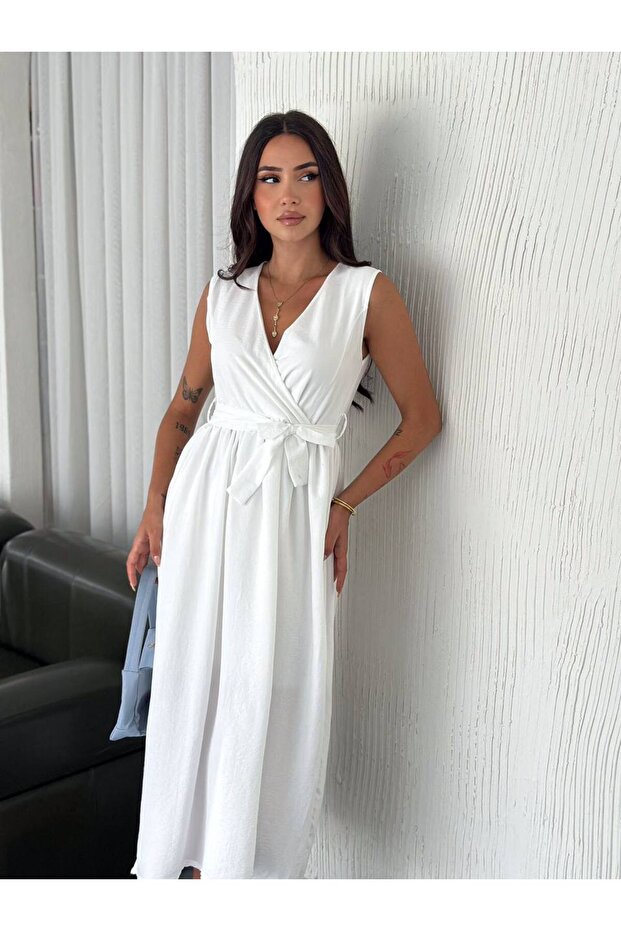 Rochie lungă cu guler dublu și curea - 3