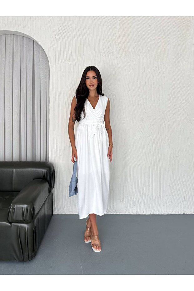 Rochie lungă cu guler dublu și curea - 2