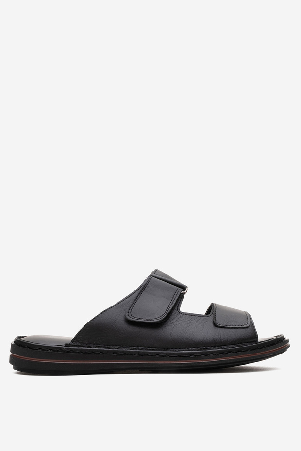 Dericlub Men's Double Strap Slippers Real Leather Dc 1182 Black