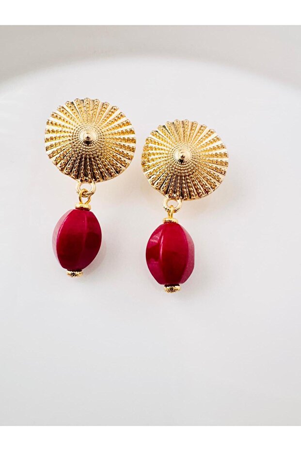 Vintage Natural Stone Fuchsia Earrings 5 cm