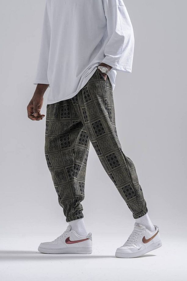 Erkek Kareli Desenli Haki Jogger Şalvar Pantolon - 2