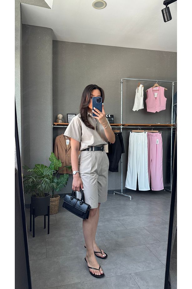 Gabardin Gömlek Kemerli Bermuda Şort Takım - 1