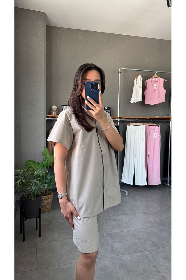 Gabardin Gömlek Kemerli Bermuda Şort Takım - 4